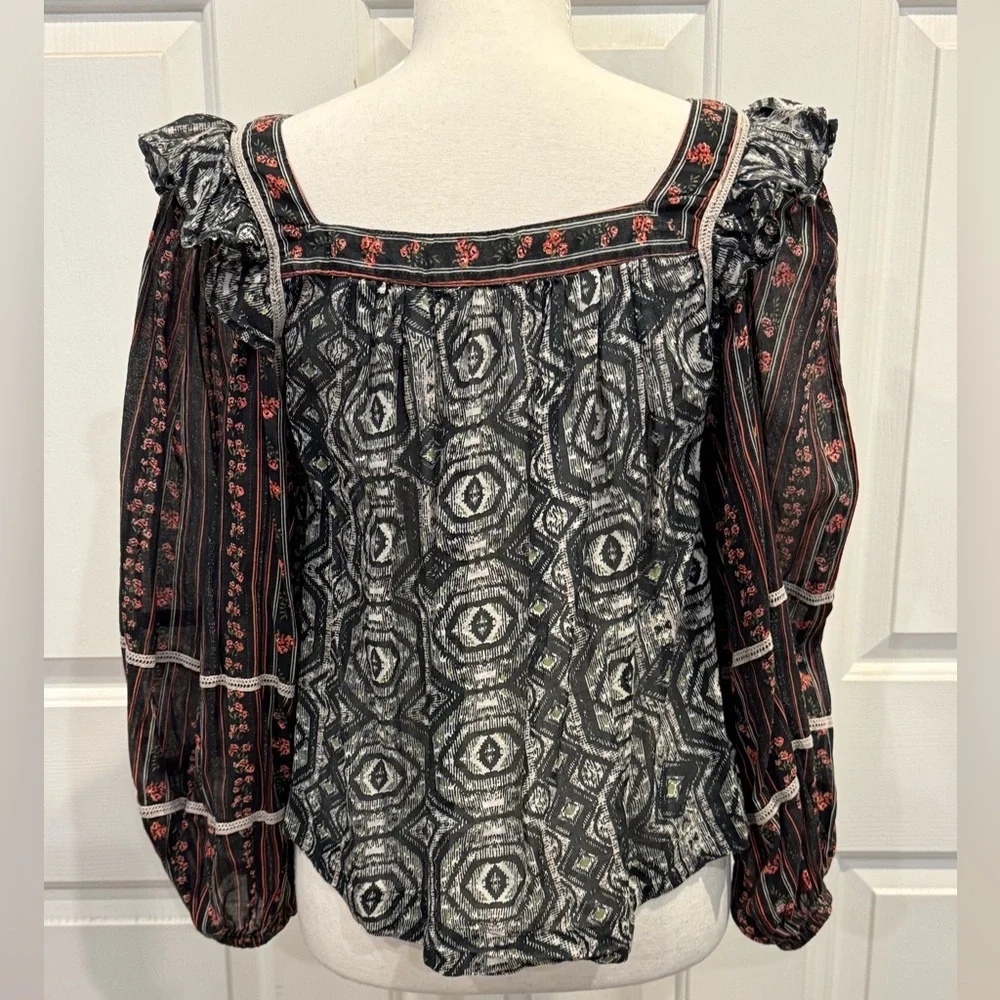 Free People Boho Puff Sleeve Mixed Print Blouse India Cotton S